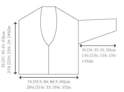 Line drawing of a V-neck cardigan with measurements. Height: 55-63 cm, width: 74-94 cm, sleeve length: 34-35 cm. Minimal design for a knitting pattern.