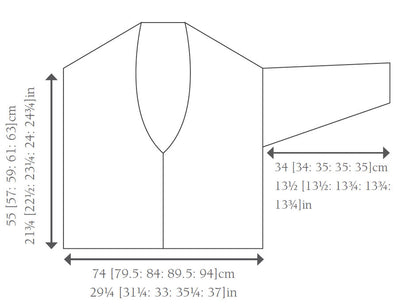 Line drawing of a V-neck cardigan with measurements. Height: 55-63 cm, width: 74-94 cm, sleeve length: 34-35 cm. Minimal design for a knitting pattern.