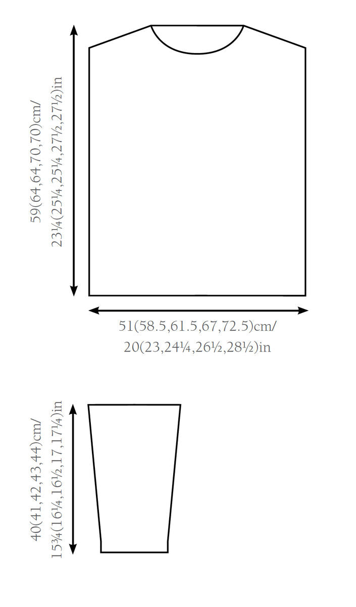 Line illustrations of a T-shirt and its dimensions. The T-shirt is shown with horizontal and vertical measurements in both centimeters and inches, displaying various size options. Below, a sleeve outline with similar measurements. The overall tone is technical and informative.