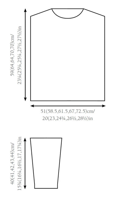 Line illustrations of a T-shirt and its dimensions. The T-shirt is shown with horizontal and vertical measurements in both centimeters and inches, displaying various size options. Below, a sleeve outline with similar measurements. The overall tone is technical and informative.