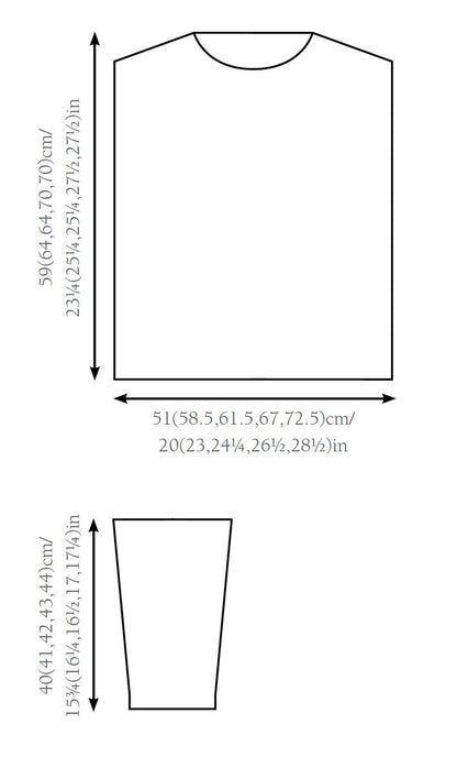 Line illustrations of a T-shirt and its dimensions. The T-shirt is shown with horizontal and vertical measurements in both centimeters and inches, displaying various size options. Below, a sleeve outline with similar measurements. The overall tone is technical and informative.