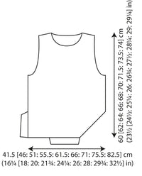 Diagram of a sleeveless vest pattern with measurements. Vertical measurements range from 60 cm to 74 cm, and horizontal from 41.5 cm to 82.5 cm. Simple outline design.
