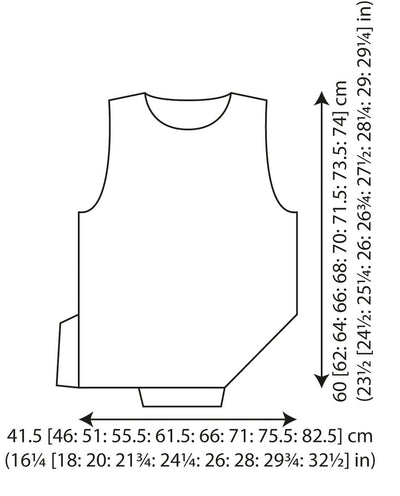 Diagram of a sleeveless vest pattern with measurements. Vertical measurements range from 60 cm to 74 cm, and horizontal from 41.5 cm to 82.5 cm. Simple outline design.