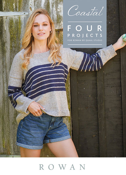 Woman in a striped sweater and denim shorts leans against a rustic wooden wall, exuding a relaxed, coastal vibe. Text: "Coastal Four Projects, Rowan."