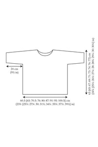 Simple line drawing of a T-shirt with dimensions labeled. Width is 60.5 cm, height 63 cm, and sleeve length 24 cm. Measurements shown in inches and centimeters.