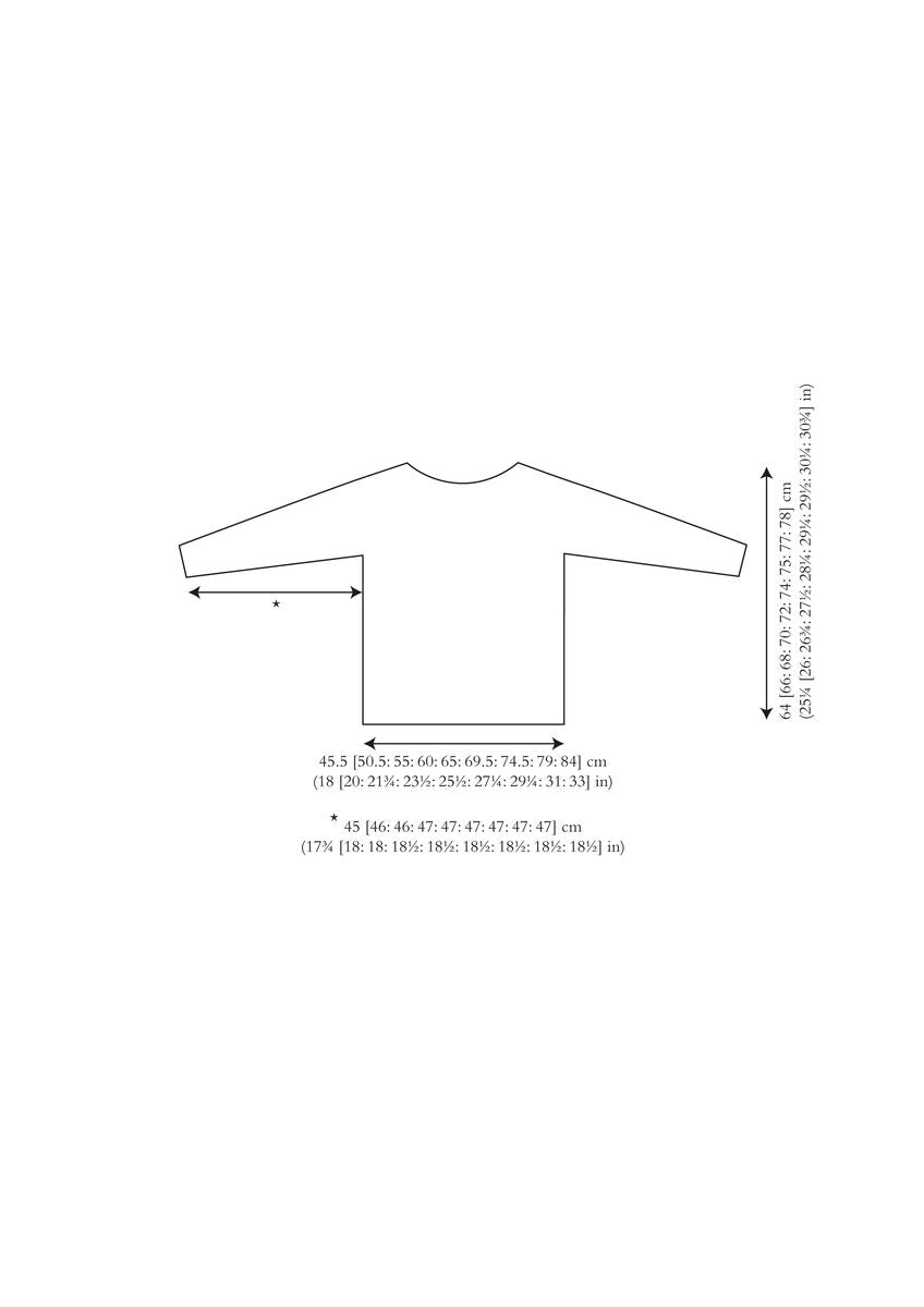 Line drawing of a long-sleeve top with measurement annotations. Dimensions include width and length in both centimeters and inches, indicating garment sizing.