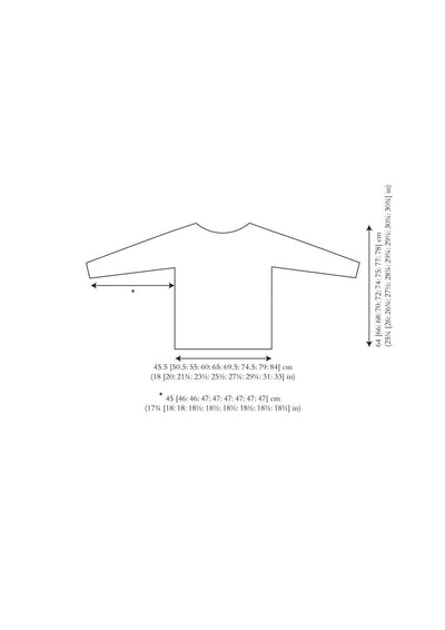 Line drawing of a long-sleeve top with measurement annotations. Dimensions include width and length in both centimeters and inches, indicating garment sizing.