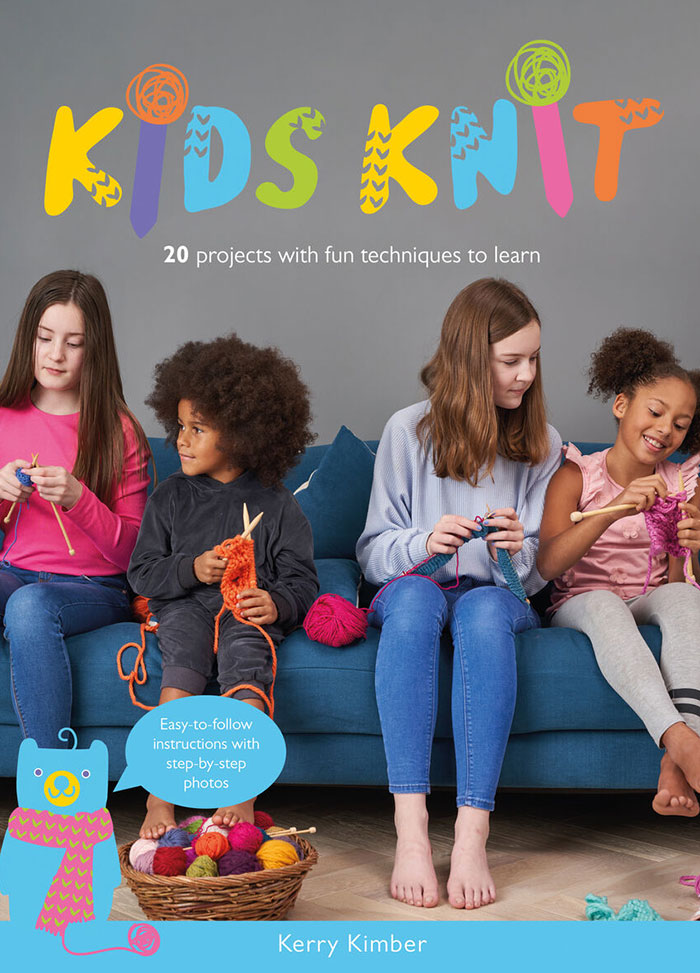 Cover of “Kids Knit: 20 Projects with Fun Techniques to Learn” by Kerry Kimber, featuring four children knitting on a blue couch with colorful yarn and needles. A basket of yarn sits on the floor, and the cover highlights “Easy-to-follow instructions with step-by-step photos.”