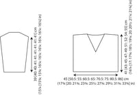 Diagram showing knitting pattern dimensions for a sleeve and a V-neck garment section. Includes metric and imperial measurements, providing detailed sizing info.