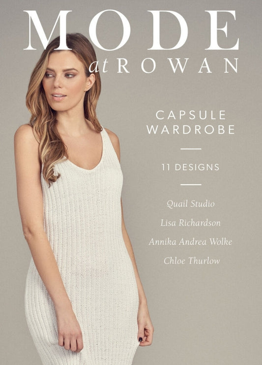 A woman in a sleeveless, knit dress gazes to the side. The text reads "Mode at Rowan," highlighting a capsule wardrobe with 11 designs. Neutral tone.