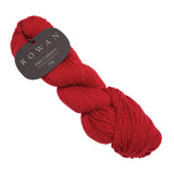 A vibrant skein of red cashmere yarn, featuring subtle colour variations, ideal for creating intricate knitting projects.