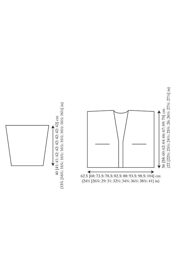 Line drawing of a sleeveless top pattern. Left: side profile with height measurements. Right: front view with width and height details in cm and inches.