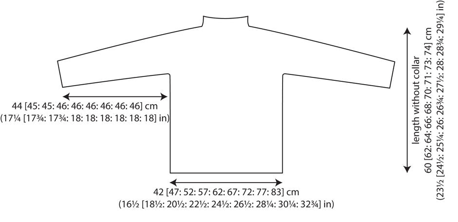 Line drawing of a turtleneck sweater with measurements. Width ranges from 44 cm to 46 cm, and length from 60 cm to 74 cm, indicating various sizes.