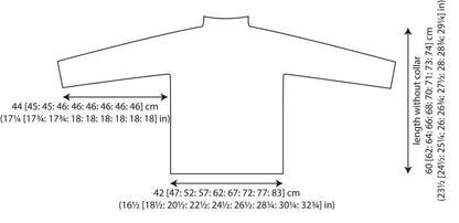 Line drawing of a turtleneck sweater with measurements. Width ranges from 44 cm to 46 cm, and length from 60 cm to 74 cm, indicating various sizes.