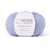 A ball of Rowan mode Merino Soft yarn in colour sky