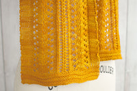 Sage Smudging Scarf on mannequin, close-up of mustard yellow lace knit with eyelet and vertical line details.