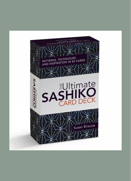 Cover of the Ultimate Sashiko Card Deck, featuring a neatly arranged set of 52 cards, each displaying a different traditional Japanese sashiko pattern. The cards are housed in a compact, decorative box with the title prominently displayed at the top.