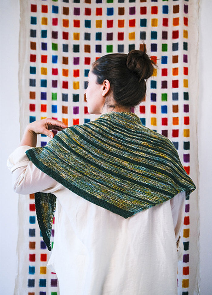 Back view of a triangular Saturn Shawl with green, yellow, and blue stripes, worn against a colourful grid background.