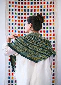 Back view of a triangular Saturn Shawl with green, yellow, and blue stripes, worn against a colourful grid background.