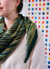 Striped triangular Saturn Shawl in green, yellow, and blue, draped around shoulders, shown against a colourful grid wall.