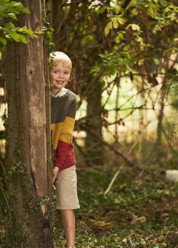 A young boy peeks from behind a tree in a forest, wearing a colorful striped sweater and khaki shorts. The scene is playful and cheerful.