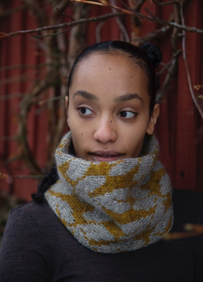 Vines and Ladders Cowl: yellow and gray knit with interlocking vine and ladder motifs, set against red wooden planks and bare branches.