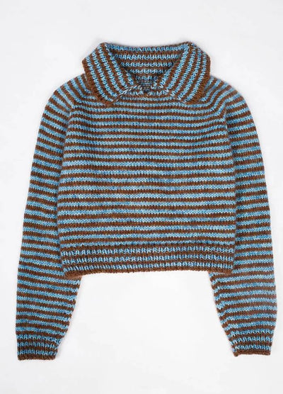 Striped knit sweater with wide collar in alternating blue and brown. The cozy texture and earthy tones create a warm and casual vibe.