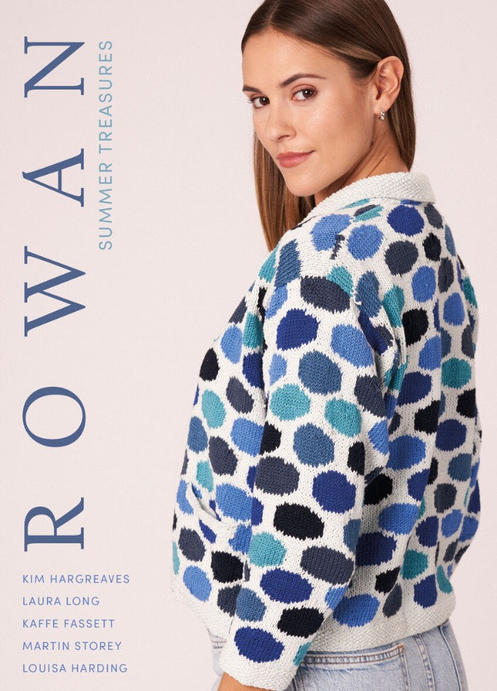 Summer Treasures knitting pattern book cover featuring model in light cotton knitwear against a soft outdoor backdrop.