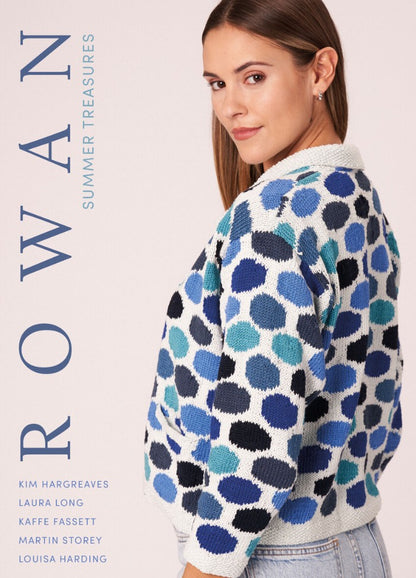 Summer Treasures knitting pattern book cover featuring model in light cotton knitwear against a soft outdoor backdrop.