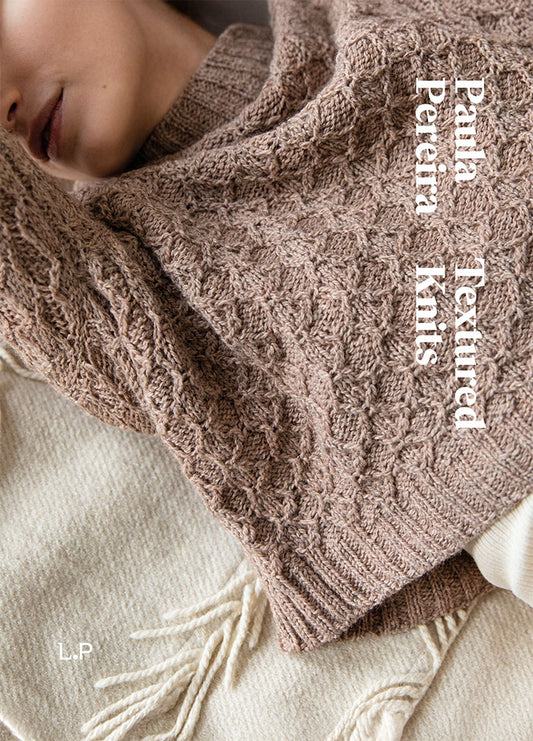 Textured Knits: close-up of a person wearing a textured knit sweater, with the book title and author name on the cover.
