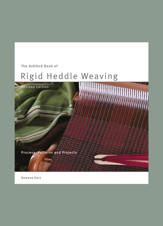 Cover of The Ashford Book of Rigid Heddle Weaving, featuring a vibrant woven textile in rich hues of red, orange, and yellow, showcasing intricate patterns. The title is prominently displayed in bold white letters at the top, set against a contrasting dark background.