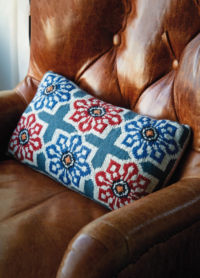 Truls cushion with coordinating cross motifs on both front and back, or add a plain back; designed in Softyak DK.