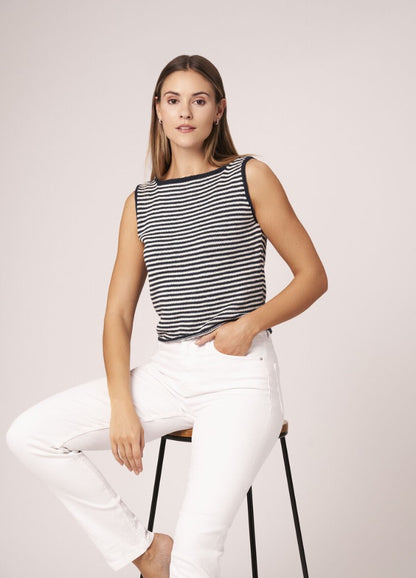 Striped halterneck top in Summerlite 4ply, styled with nautical flair.