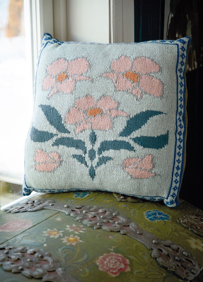 Vildis cushion showcasing traditional Scandinavian motifs; knit one side or both for a unique home accessory; Softyak DK.