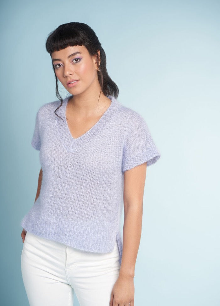 Violet pastel knit sweater pattern featuring a soft lavender hue and lightweight construction in Rowan Summerlite 4ply yarn.