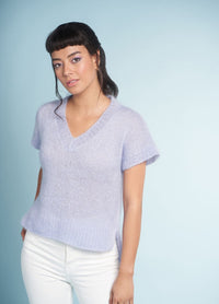 Violet pastel knit sweater pattern featuring a soft lavender hue and lightweight construction in Rowan Summerlite 4ply yarn.